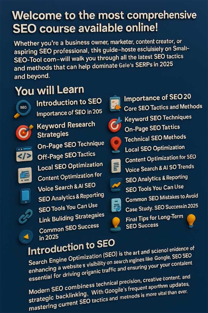 SEO tactics, SEO methods, keyword research, on-page SEO, off-page SEO, technical SEO, backlink strategies, SEO tools, Google ranking, SEO training