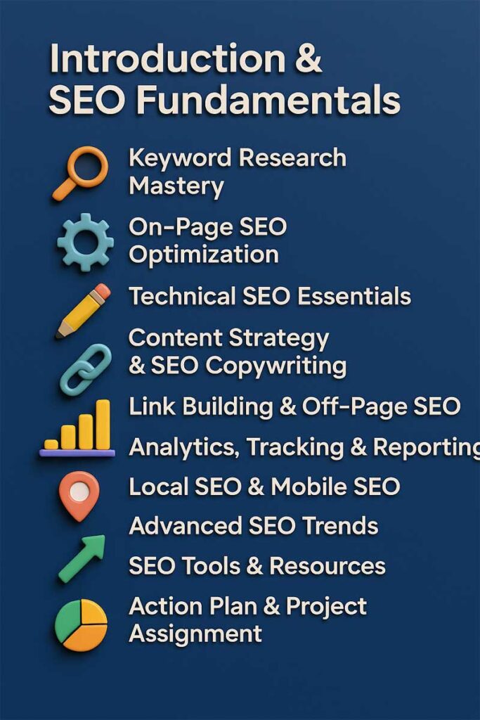 SEO tutorial, SEO course, search engine optimization tutorial, SEO guide, on‑page SEO, off‑page SEO, technical SEO, keyword research, link building, SEO tools