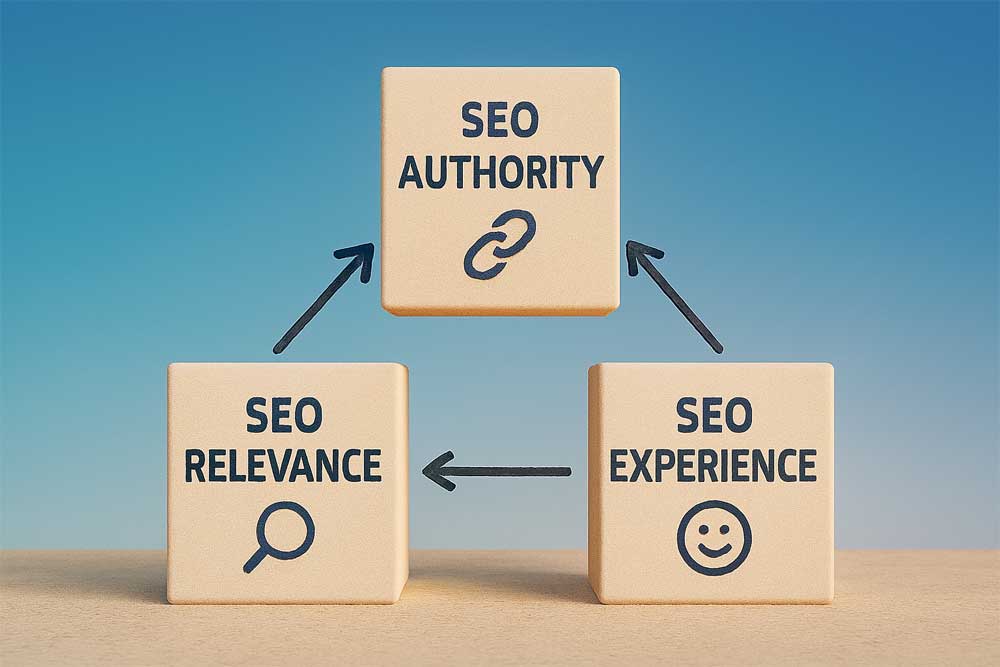 three pillars of seo, seo authority, seo relevance, seo experience, google ranking pillars, seo trust signals, content relevance seo, user experience seo, authority backlinks seo, pillars of search engine optimization