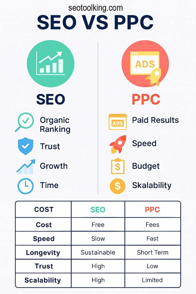 SEO vs PPC, SEO vs PPC 2025, difference between SEO and PPC, SEO or PPC which is better, SEO vs paid advertising, SEO vs Google Ads, SEO vs PPC pros and cons, SEO vs PPC examples