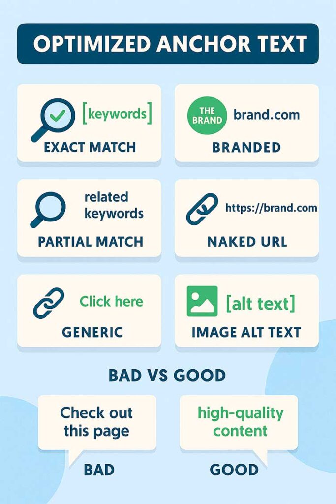 optimized anchor text in SEO, anchor text SEO examples, anchor text best practices, types of anchor text, anchor text distribution strategy, SEO anchor text optimization, how to optimize anchor text, internal linking anchor text