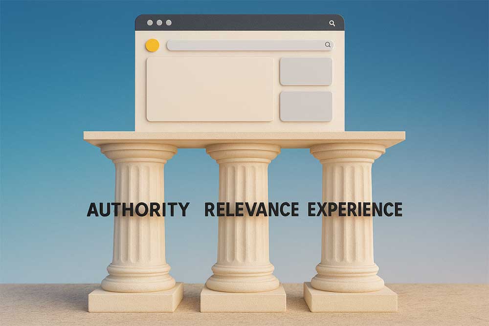 three pillars of seo, seo authority, seo relevance, seo experience, google ranking pillars, seo trust signals, content relevance seo, user experience seo, authority backlinks seo, pillars of search engine optimization