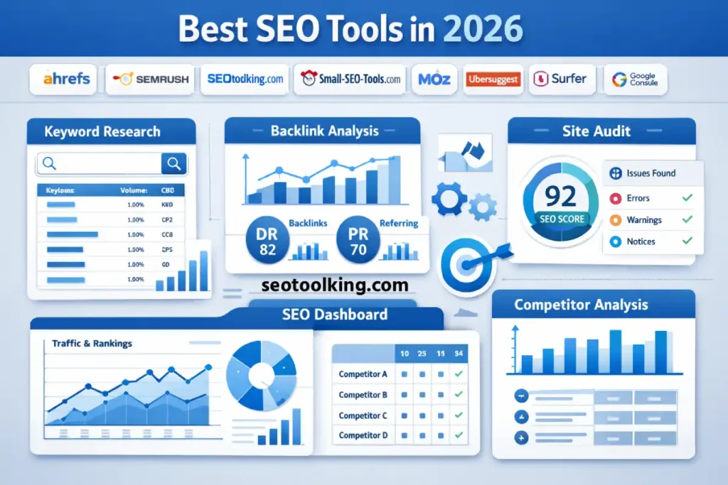 best SEO tools 2026, SEO tools comparison, Ahrefs review, SEMrush alternatives, free SEO tools, seotoolking.com, Small SEO Tools, keyword research tools, technical SEO tools, SEO software